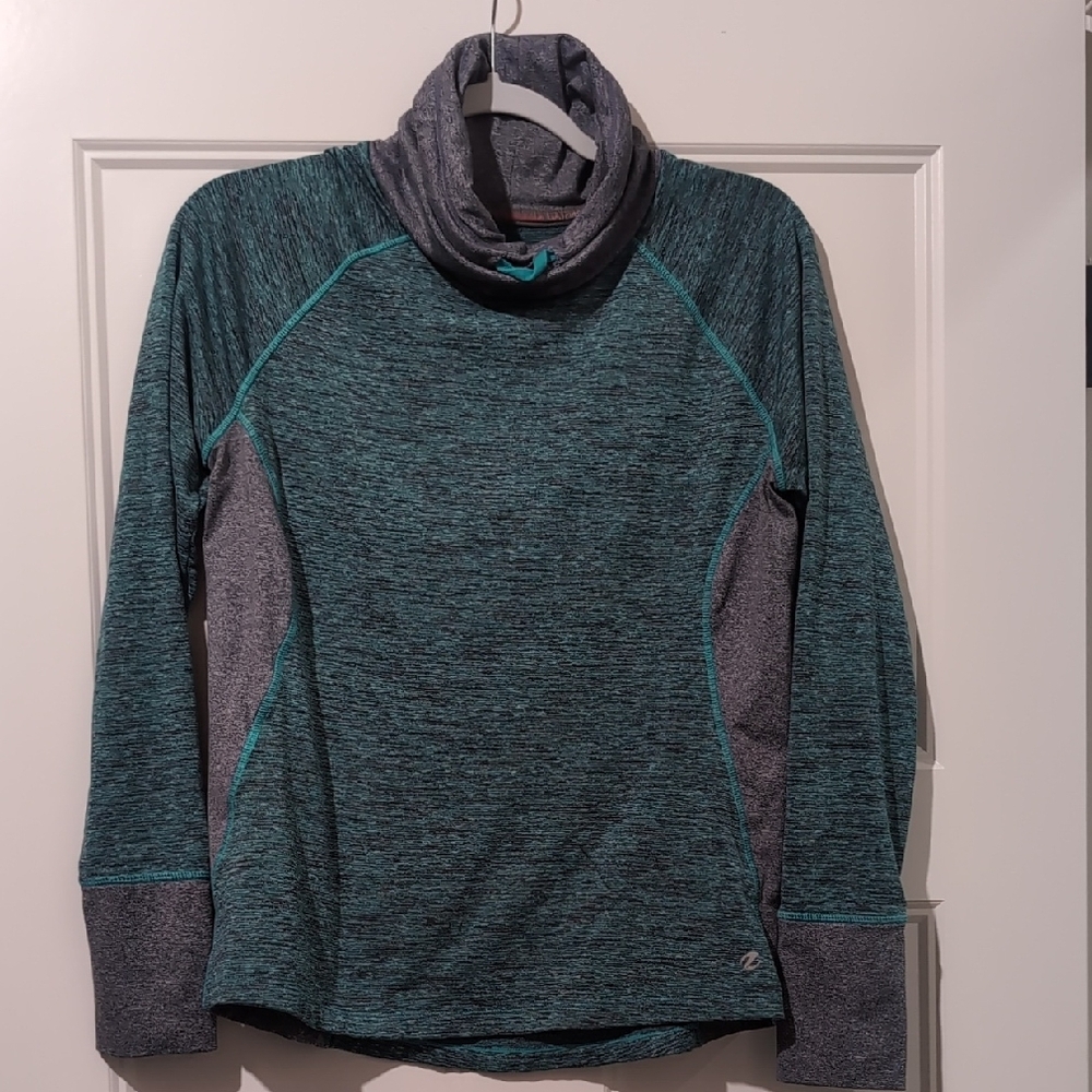 Energy Zone Warm System Teal and Gray Heathered Cowl Neck Sweater